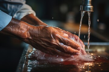 Fototapeta premium Hands of senior man wash their hands in a sink with foam. Generative AI