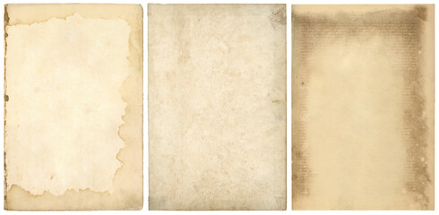 set / collection of three stained blank old book pages or sheets of vintage / antique paper, textured retro collage art backgrounds with ripped edges isolated over a transparent background, PNG