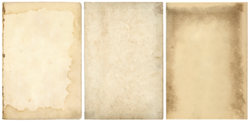set / collection of three stained blank old book pages or sheets of vintage / antique paper, textured retro collage art backgrounds with ripped edges isolated over a transparent background, PNG