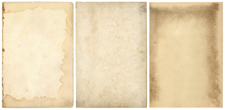 set / collection of three stained blank old book pages or sheets of vintage / antique paper, textured retro collage art backgrounds with ripped edges isolated over a transparent background, PNG
