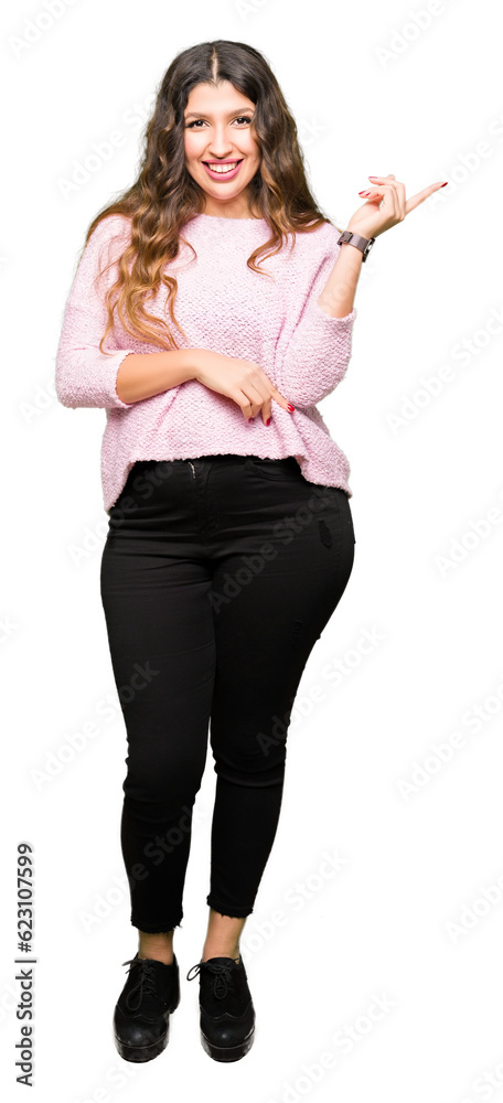 Sticker young beautiful woman wearing pink sweater with a big smile on face, pointing with hand and finger t