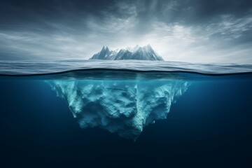 iceberg in polar regions, Iceberg on the Waterline, Captured in the Style of Photorealistic Surrealism and Moody Tonalism, Unveiling Impressive Panoramas of Light Blue and Blue Tones with Photorealist