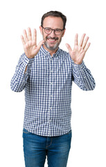 Fototapeta premium Handsome middle age elegant senior business man wearing glasses over isolated background showing and pointing up with fingers number ten while smiling confident and happy.