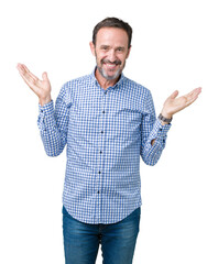 Handsome middle age elegant senior man over isolated background Smiling showing both hands open palms, presenting and advertising comparison and balance