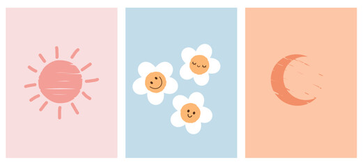 Pink sun, daisy cartoons and orange moon vector illustration. Cute wall art decoration.