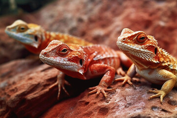 Obraz premium Nature, lizard and animal with bearded dragon on rock for biology, exotic and environment. Ai generated, fauna and park with closeup of reptile on desert stone for wildlife, zoo and habitat