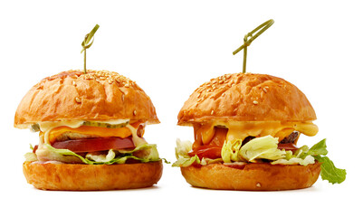 Two fresh burgers isolated on white background