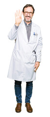 Middle age doctor men wearing medical coat showing and pointing up with fingers number four while smiling confident and happy.
