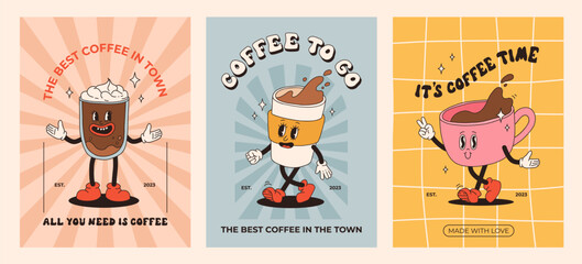 Retro poster set with coffee mascot, cartoon characters, funny colorful doodle style characters, cappuccino, cocoa, latte, espresso. Vector illustration with typography elements