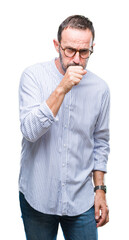 Middle age hoary senior man wearing glasses over isolated background feeling unwell and coughing as symptom for cold or bronchitis. Healthcare concept.