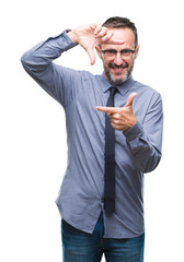 Middle age hoary senior business man wearing glasses over isolated background smiling making frame with hands and fingers with happy face. Creativity and photography concept.
