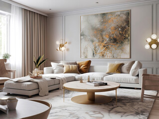 Round coffee table near white corner sofa with terra cotta cushions near paneling wall with art poster. Scandinavian home interior design of modern living room. Created with generative AI
