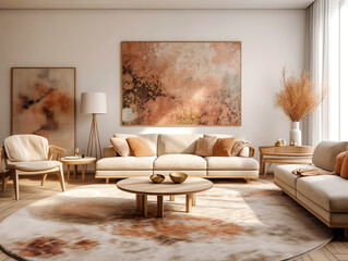 Round wooden coffee table near beige sofas against white wall with posters. Scandinavian style home interior design of modern living room. Created with generative AI