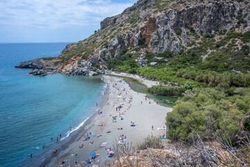 Fototapeta premium Aerial View of Preveli Beach Palm Forest, Crete, Greece