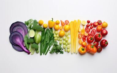 Colorful vegetables which make up a blank background, in the style of monochrome abstraction, light gray, shaped canvas, aerial view, subtle minimalism, sheet film, white background AI Generative