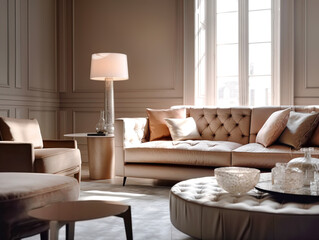 Close up of beige leather sofa and velvet armchairs against window in room with classic panel walls. Art deco style home interior design of modern living room. Created with generative AI