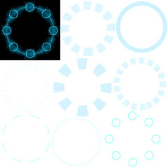 circle holographic hud with four hexagon neon light separated shape blue futuristic design transparent background