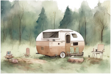 Traveling by car on the road is painted in watercolor technique. The concept of road travel in a mobile home.