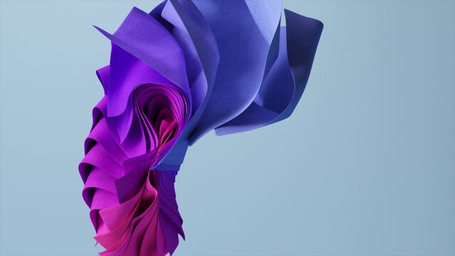 A stack of square colored pieces of fabric fan out and change color. Blue, purple, violet. Drapery. 3d animation 