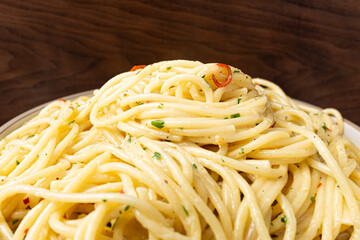 Pasta aglio e olio made with spaghetti with garlic and olive oil