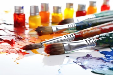 Paints and brushes on white artist table, abstract art background. Generative AI