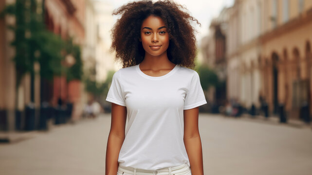 Plain white t-shirt mockup design. Portrait of young afro american woman on urban background. Front view.
