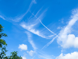 The bright blue sky with streaks of clouds and white smoke trails from the planes that have already flown until they disappear into the sky on a clear day.