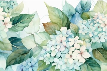 Pattern with hydrangea flowers watercolor blue abstract background. Generative AI