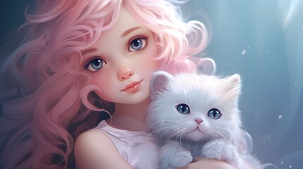 Princess,Angel girl with cat digital art look 3d cartoon movie ,Generative Ai