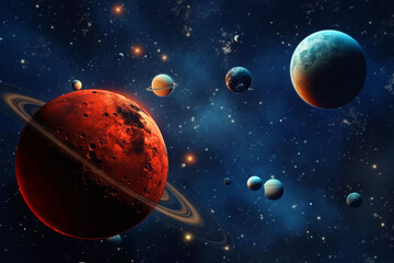 Space, planets and armageddon in universe, galaxy and solar system with jupiter, mars and pluto. Ai...