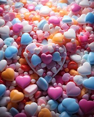 Colorful pills and candy shaped into a heart screenshot, in the style of photo