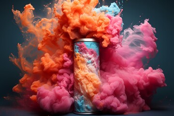 Pink aerosol can with cloud of colored powders stock photo, in the style of light orange and teal, video glitches, high quality photo, colorful explosions, striking composition, psychedelic surrealism © Nikola