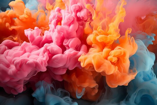 Puffs of pink smoke in front of a blue background stock photo, in the style of bold color blobs, resin, juxtaposed imagery, realistic hyper 