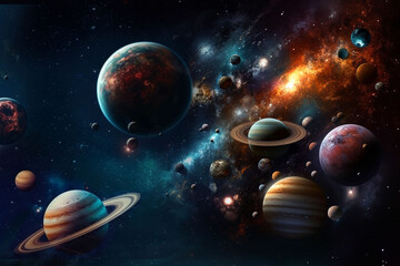Fototapeta na wymiar Space, planets and asteroid in night sky solar system, universe and galaxy with jupiter, mars or pluto. Ai generated, background and futuristic cosmos in dark orbit, dark sky and astronomy atmosphere