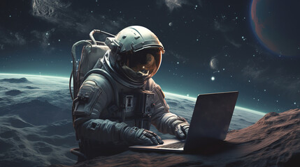 astronaut in space with a laptop. AI generation - obrazy, fototapety, plakaty