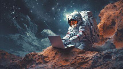 astronaut in space with a laptop. AI generation