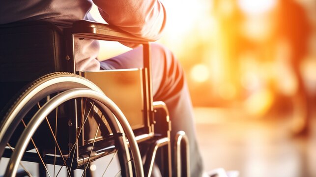 Disabled man in a wheelchair close-up with copy space. AI generation