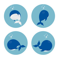 Collection of cute flat whales in a round frame. Illustration on transparent background