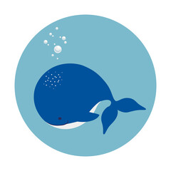 Cute flat whale in a round frame. Illustration on transparent background