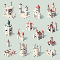 castle set isometric vector flat minimalistic isolated illustration