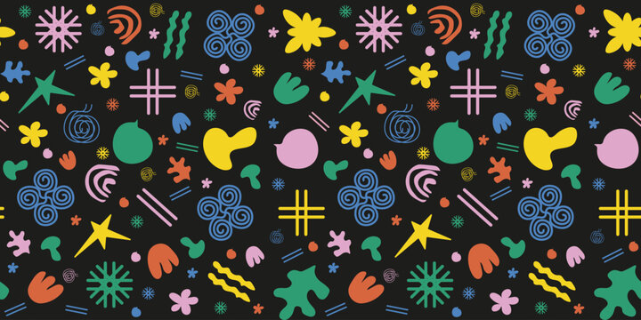 Hand drawing groovy seamless pattern with abstract Trendy Shapes. Wrapping paper with Organic Shapes. Funky loop, flowers, star, mushroom, bubble, line in y2k style. Vector Art