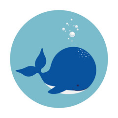 Cute flat whale in a round frame. Vector illustration