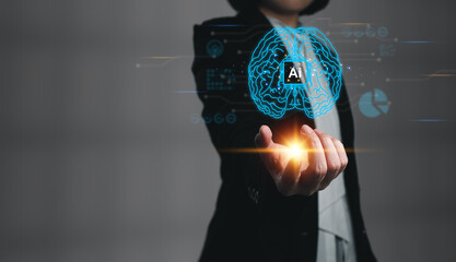 AI artificial intelligence brain, businesswoman showing futuristic technology machine learning computer brain network Business analysis, investment, business decision helper future business growth