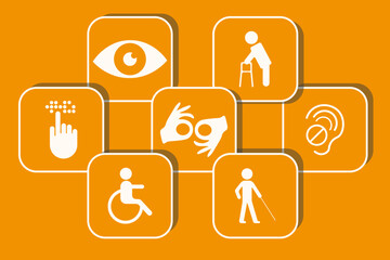 Disability Rights Awareness Month icons with shadows. Vector illustration on social concept.