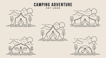 Fototapeta na wymiar Set Bundle of Camping Logo Line Art Simple Minimalist Illustration Template Icon Design. Adventure Activity Outdoor Summer Camp.