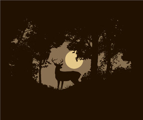 A buck deer stands in an opening in the forest at sunset in this illustration image in brown and golden colors. Also could be sunrise morning image.