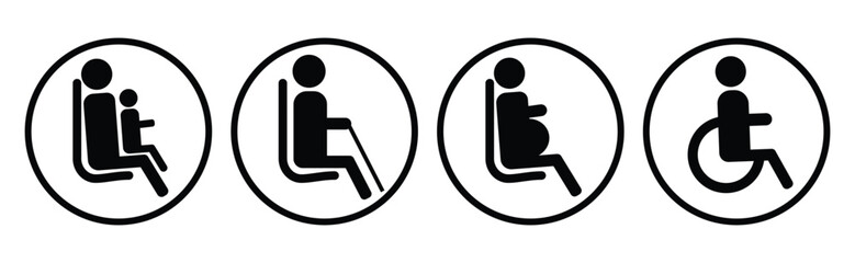 A set of icons for public transport. The seat of an elderly man, a pregnant woman, a disabled person. Icons for determining places in the subway, train, bus