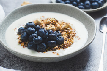 Granola with yogurt and blueberries in a plate on a gray background