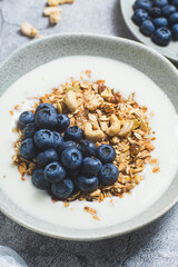 Granola with yogurt and blueberries in a plate on a gray background