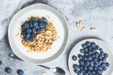 Granola with yogurt and blueberries in a plate on a gray background